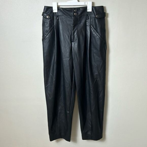 NEW Anthropologie Maeve black vegan leather taper pleated pants - Picture 6 of 16